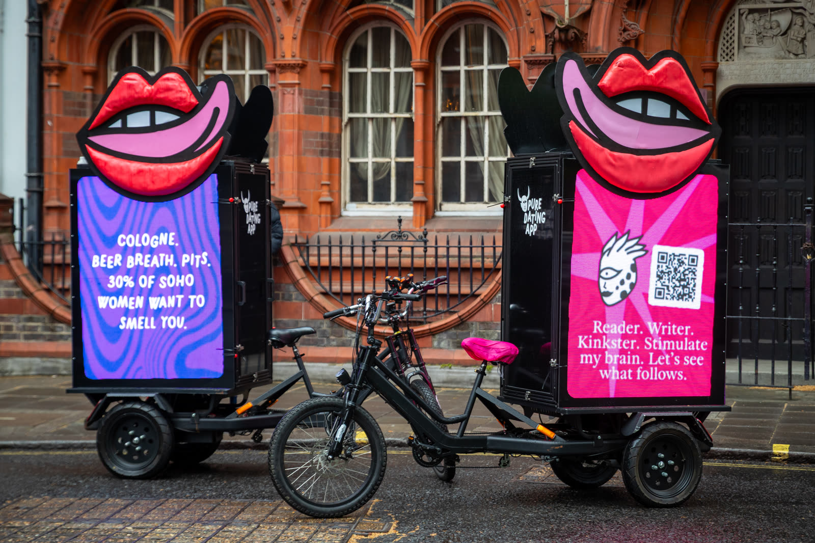 Two AdBikes with custom 3D lips toppers for the Pure dating app campaign
