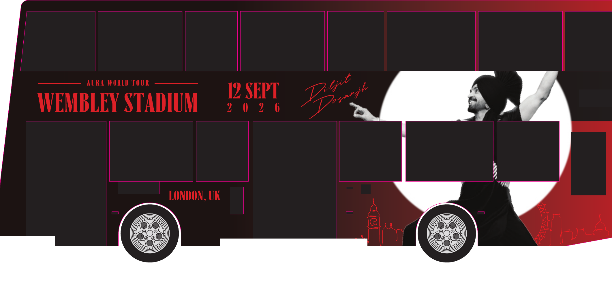 Nearside artwork elevation with door positions: tour lockup, artist in a white disc, red skyline along the lower deck