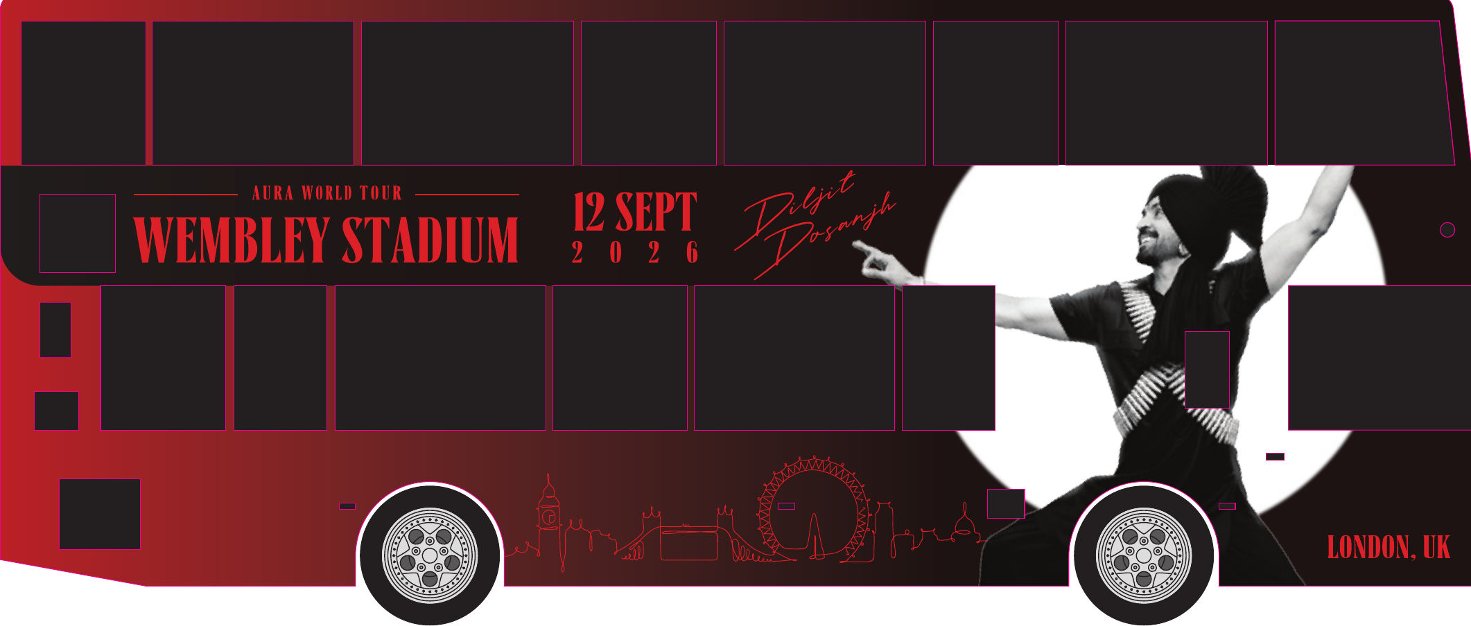 Offside artwork elevation: Aura World Tour lockup on the upper deck, artist in a white disc, red London skyline line below