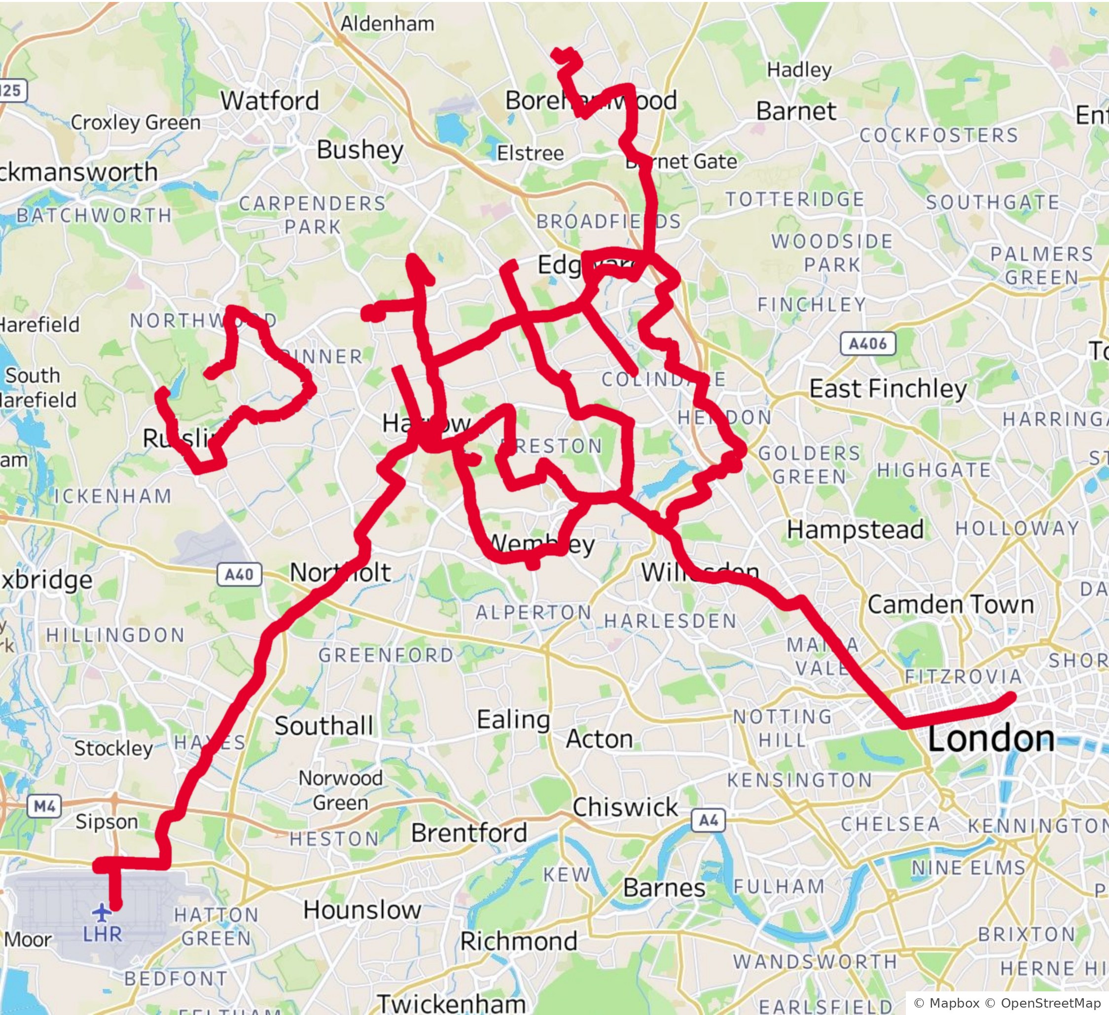 Map of the Harrow Weald depot bus network across north-west London with the routes drawn in red, from Heathrow to the West End