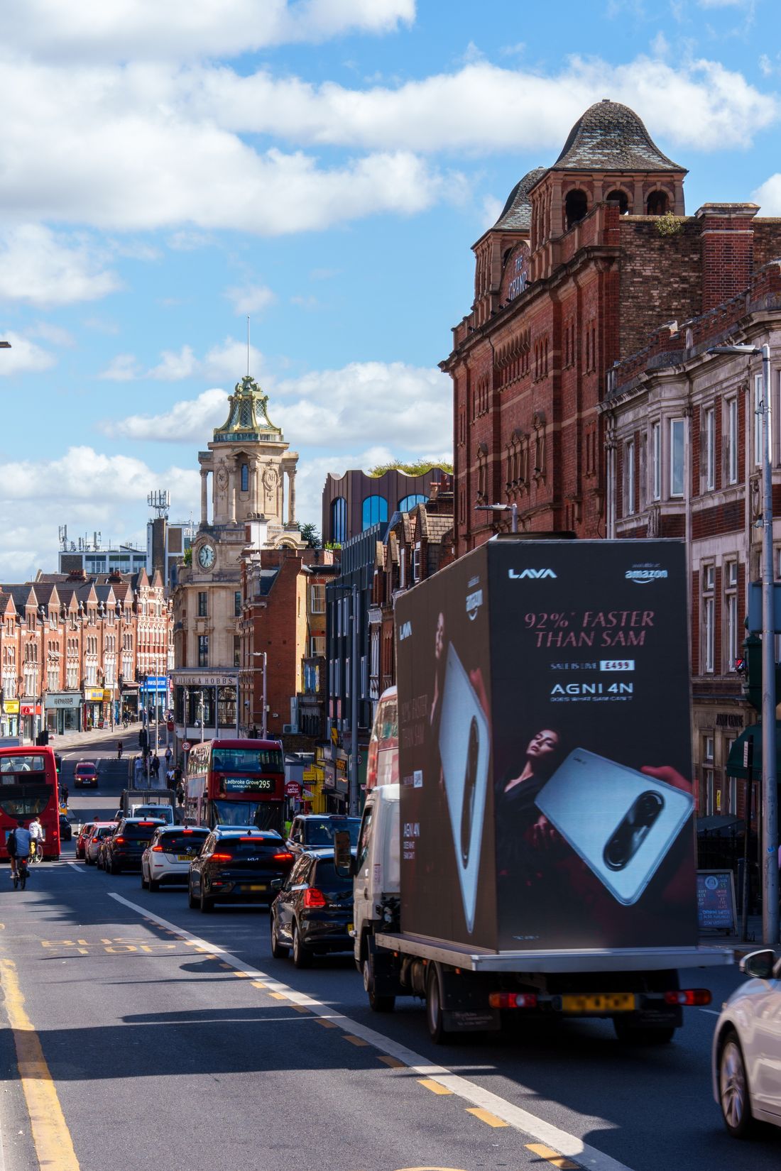 The Monster Outdoor digital AdVan carrying the LAVA AGNI 4N artwork through Clapham Junction